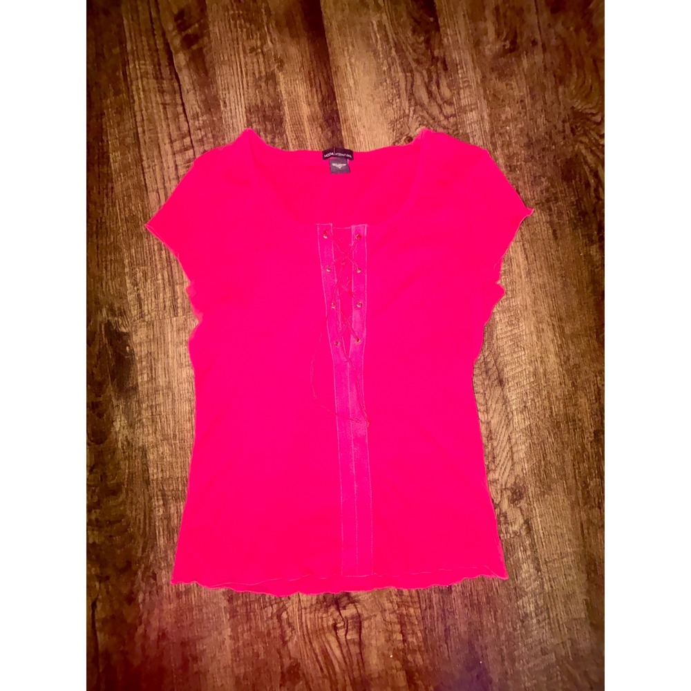 Moda International Hot Pink Lace Up Front Cotton Top Short Sleeve Y2K Medium